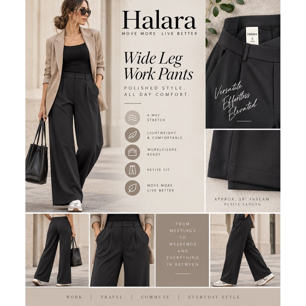 Halara Flex Black Wide Leg Pleated Work Pants L Petite Stretch Workleisure